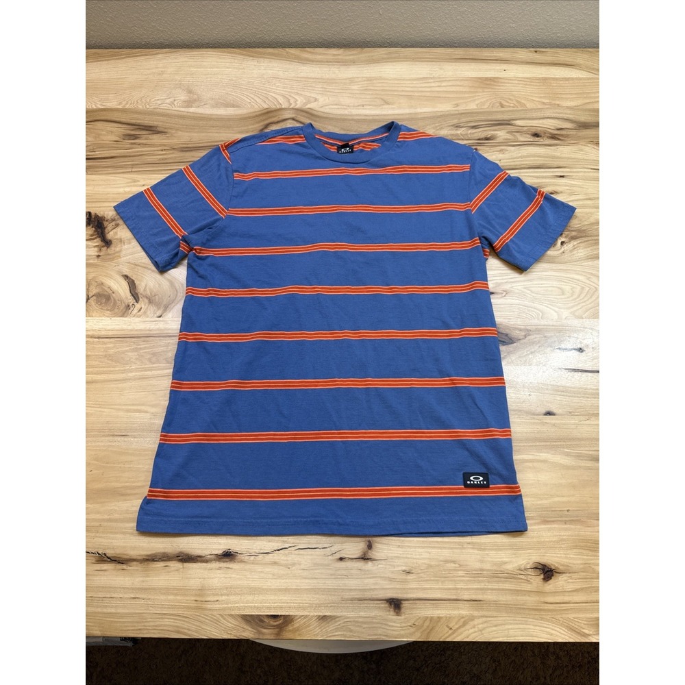 Oakley Men's Blue/Orange Striped Logo Crew Neck Tee Short Sleeve Size Large